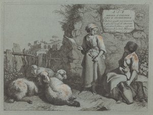 To piger i samtale: Den ene står og snurrer, 1764. af Francesco Londonio