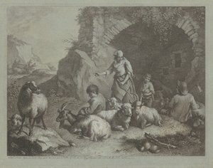 Kvinde, hyrdedrenge og får nær en bue, 17591782. af Francesco Londonio