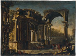 Capriccio med romerske ruiner og Kristus med kvinden taget i utroskab af Francesco Maglioli