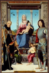 Jomfruen og barnet omgivet af Saint Benedict of Nursie og Saint Quentin med to engle Maleri af Francesco Marmitta (kendt mellem 1496 og 1504) 15. århundrede Sun. 2,2x1,38 m af Francesco Marmitta