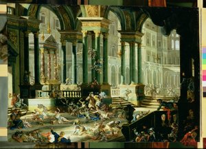 Udvisning af Heliodorus fra Salomons tempel (olie på kobber) af Francesco Peresi