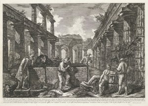 Titeltryk med rester af Neptuntemplet i Paestum med titel på blokke Forskellige visninger af resterne af tre store bygninger, der stadig står ved Paestum (serietitel) Différentes vues de quelques hviler de trois grands édifices qui af Francesco Piranesi