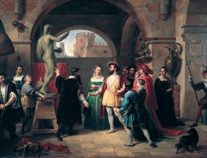 Kong Francois I af Frankrig (1494-1547) besøger Buenvenuto Cellinis (1500-1571) atelier i Rom. Maleren forærer kongen en skulptur af Sankt Johannes Evangelisten Anonymes maleri. Roma, Galleria Nazionale d