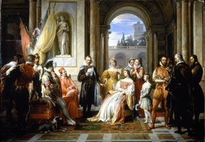 Torquato Tasso (Le Muche) læser sit Jerusalem-delivree (Det befriede Jerusalem) ved hoffet i Ferrara. Maleri af Francesco Podesti (1800-1895)