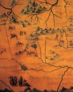Detalje af Marco Polos rute gennem østlige ørkener, kort over Tartar af Francesco and Ramusio Giovan Battista Grisellini