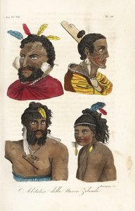 Portrætter af Maori Warriors, New Zealand mænd og drenge med ansigtstatoveringer og fjer i deres hår. Håndfarvet kobberplade indgraveret af Francesco Rosaspina efter William Hodges og Piron fra Giulio Ferrarios gamle og moderne kostumer af alle PEOP