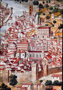 Pianta della Catena Detalje af et kort over byen Firenze kaldet "Catena"" på grund af kortets ramme i form af en kæde. Realiseret af Francesco di Lorenzo Rosselli (1448-1513) i 1490. Firenze, Museo Firenze com 