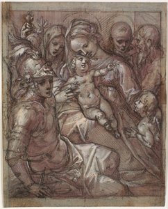 Jomfru Maria og Jesusbarnet med Johannes Døberen som dreng, Bernardino af Siena (?), Kathrine af Siena, ærkeenglen Michael og en skægget helgen