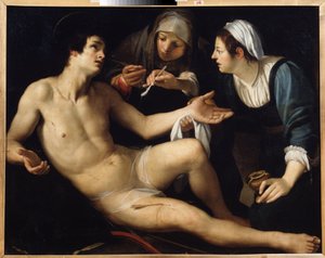 Sankt Sebastian (Sankt Sebastian). Han bliver plejet fra sine sår af en ung enke, Saint Irene. Maleri af Francesco Rustici (ca. 1575-1626). Olie på lærred, 119 x 148 cm. Kunst fra Siena, italiensk manerisme. Statens kunstmuseum, Jekaterinburg.