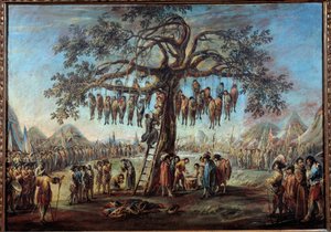 Det hængte træ Et makabert skue, der repræsenterer dømte, der går til tortur ved at hænge på grenene af et træ. Illustration inspireret af en gravering af serien "Les miseres de la guerre"" af Jacques Callot (1592-1635). Maleri af Francesco Simonini (