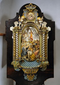 Stor helligvandsfont i malet majolica med central scene fra maleriet Adoration of the Magi af Francesco Solimena (1657-1747), Italien, 20. århundrede af Francesco Solimena