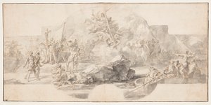Studie til maleri "The Landing of Columbus in America," Sala del Minor Consiglio, Palazzo Ducale, Genova, Italien af Francesco Solimena