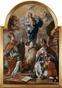 Helligåndens due dukker op over Jomfruen med helgener (olie på lærred af Francesco Solimena