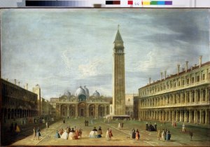 Markuspladsen (San Marco) (eller Piazzetta) i Venedig med Markuskirken og Campanile. (Markuspladsen i Venedig). Maleri af Francesco Tironi (1745-1797). Olie på lærred, 72 x 109 cm. Venetiansk kunst fra det 18. århundrede. Statens Museums Ark