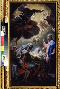 Josefs død (Josefs død). Repræsentation af den hellige treenighed: Jesus Kristus, Gud og Helligåndens due (Helligånden). Maleri af Francesco Trevisani (1656-1746). Olie på lærred, 69,5 x 39,5 cm