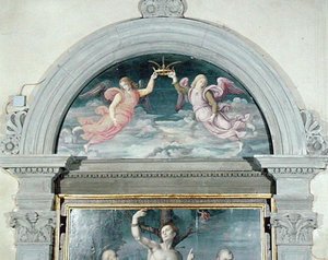 SS. Benedict, Dominic og Sebastian (detalje af lunetten) (olie på panel) (se også 192539 og 192540)