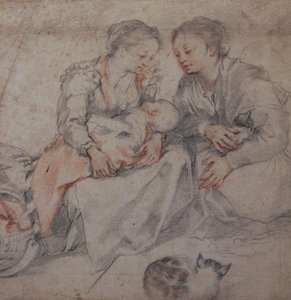 To kvinder og en baby med en kat (kridt)