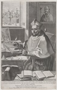 Kardinal Roberto Bellarmino ved sit skrivebord, skriver, 1604. af Francesco Villamena