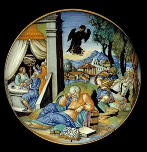 Lavbenssnit: Allegori om skæbne. Fajance. Lavet af Francesco Avelli Xanto (aktiv omkring 1530/1540)