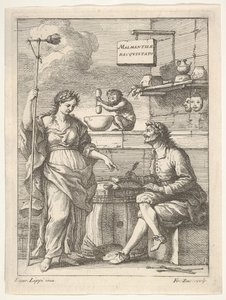 En abe, der arbejder med morter og støder, under Lorenzo Lippi skriver sin humoristiske ..., ca. 1710-64. af Francesco Zuccarelli