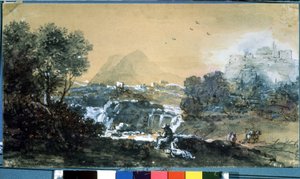 Landskab med et vandfald. Tegning af Francesco Zuccarelli (1702-1788). Akvarel og blæk på papir af Francesco Zuccarelli