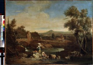 Landskab med en flod. Maleri af Francesco Zuccarelli (1702-1788). Olie på lærred, 81,5 x 119 cm. Venetiansk kunst fra det 18. århundrede. Eremitagemuseet, Sankt Petersborg. af Francesco Zuccarelli