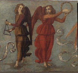 Engle, der spiller tamburin og triangel, ca. 1475-97 (tempera på panel) (detalje af 64871, se også 64872 og 64874) af Francesco attr. to Botticini
