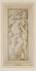 Studie af en kvinde og Putti (blæk og vask) af Francesco de Rossi (follower of) Salviati