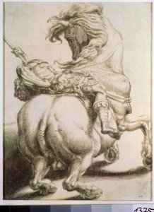 Rytter gennemboret af et spyd. Tegning af Francesco de Rossi (1510-1563). Grisaille på papir, 20 x 15 cm
