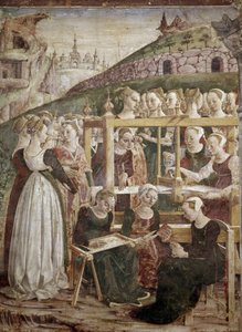 Allegori af march, detalje af triumf Minerva med kvinder vævning) detalje - fresko af Francesco del Cossa (ca. 1436-vers 1478) Ferrara (Ferrara) Palazzo Schifanoia, Salone dei Mesi af Francesco del Cossa