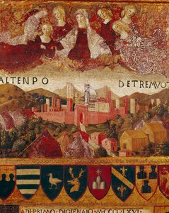 Ex voto (eller ex voto): "" Jomfru Maria beskytter byen Siena på tidspunktet for jordskælvene i 1466-1467"" Detalje. Træmaleri af Francesco di Giorgio Martini (1439-1502) udsmykning af en Biccherna (omslag af regnskabsregisteret for byen Si