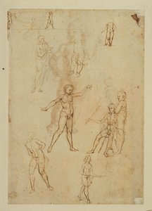 Studier af figurer. Pen og brunt blæk, metalspids Pinkfarvet papir ... af Francesco di Simone (attr. to)