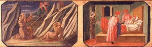 (LtoR) St. Frans af Assisi modtager stigmata, SS. Cosmas og Damian helbreder en syg mand; kopier af originale paneler, der udgør en del af Predella til Madonnaen og barnet på tronen af Filippo Lipp af Francesco di Stefano Pesellino