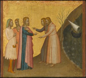 Acteus og Eugenius bønfalder den hellige Johannes Evangelisten om at genoprette deres rigdom, ca. 1370-1380 (tempera og bladguld på panel)