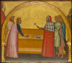 Johannes Evangelisten irettesætter filosoffen Crato, ca.1370-1380 (tempera og bladguld på panel)