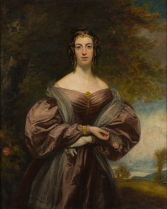 Trekvartlængde portræt af Jessie Duff holder en rose (olie på lærred) af Francis (follower of) Grant