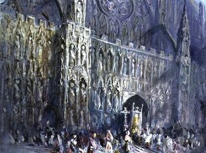 Exeter-katedralens vestfront med en religiøs procession i forgrunden