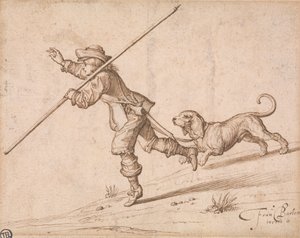 Mand på jagt med en spids stav og en hund af Francis Barlow