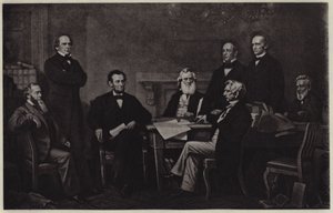 Første læsning af Abraham Lincolns Emancipation Proclamation (litho) af Francis Bicknell (after) Carpenter