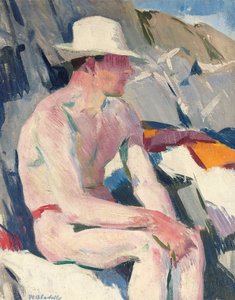 Bader i hvid hat (olie på panel) af Francis Campbell Boileau Cadell