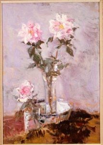 Lyserøde roser i en glasvase af Francis Campbell Boileau Cadell