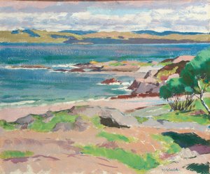 Ross of Mull fra Traigh Mhor, Iona (olie om bord) af Francis Campbell Boileau Cadell