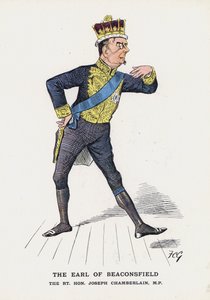 The Earl of Beaconsfield, The Rt Hon Joseph Chamberlain (farve litho) af Francis Carruthers Gould