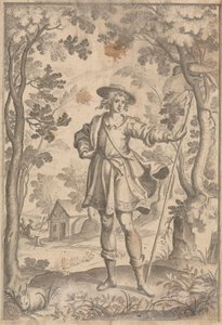 En jæger, der holder et spyd i et skovområde af Francis Cleyn