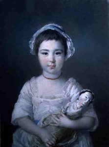 Et portræt af Lady Ann Fitzpatrick holder en dukke (olie på lærred) af Francis Cotes