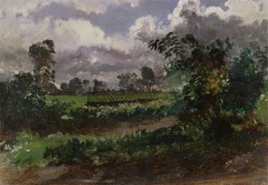 Udsigt over kunstnerens have fra hans hus i Exmouth, Devonshire (olie på papir monteret på karton) af Francis Danby