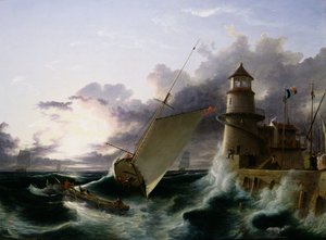 Båd ved et fyrtårn, en storm går af (olie på lærred) af Francis Danby