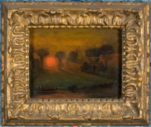 Solnedgang gennem træer, ca. 1855 (olie på kort) af Francis Danby