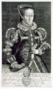 Portræt af Mary I (1516-58) Holder Thomas Hongars bøn, indgraveret af kunstneren, pub. af Compton Holland (gravering)