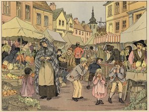 Bedfords bog om butikker: Frugtboder (farvelitografi)